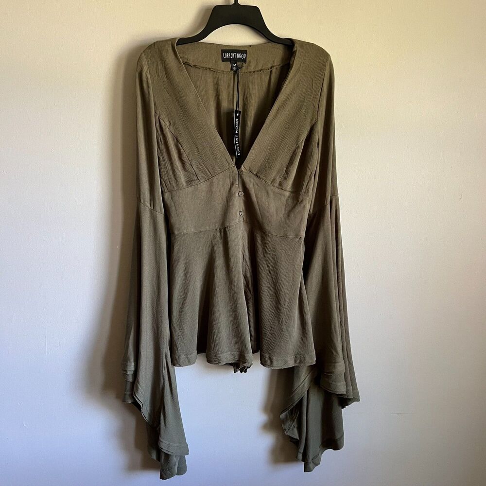 NWT Current Mood Dolls Kill Olive Green Bell Sleeve Romper M Crinkle Gauze
